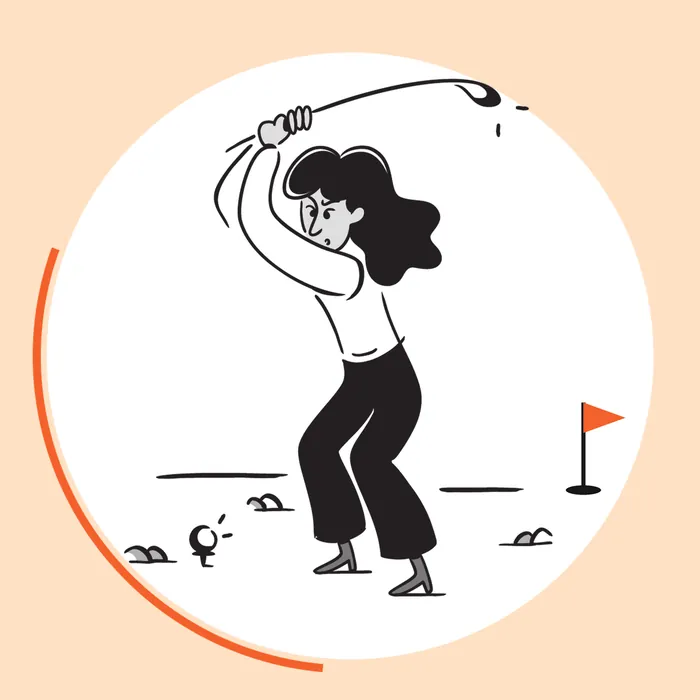 Illustration: Eine Golferin holt zum Abschlag aus, im Hintergrund eine orange Fahne auf dem Grün